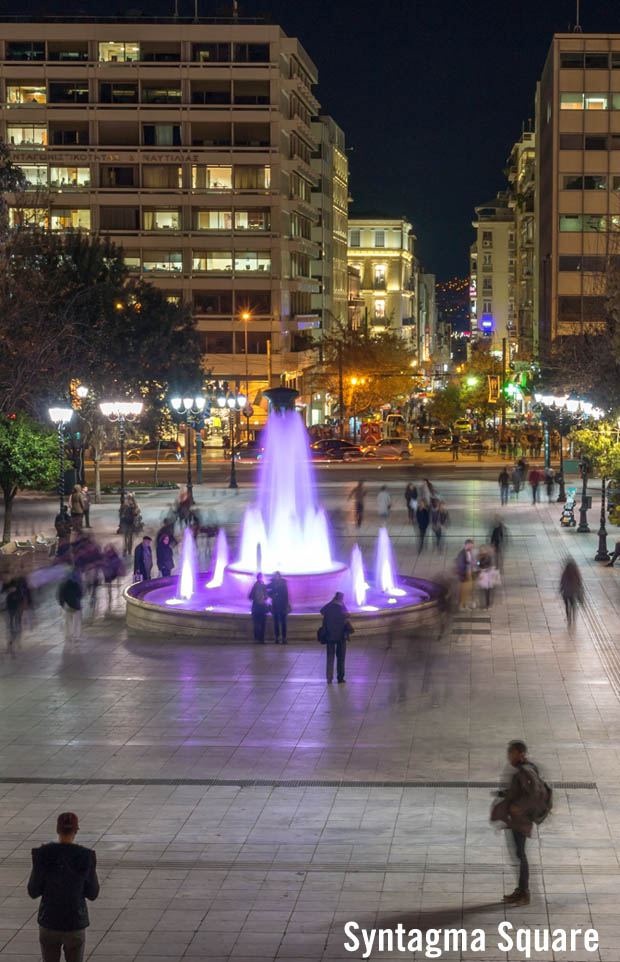 Night time at water fountain at Syntagma Square in Athens Greece Night time at water fountain at Syntagma Square in Athens Greece