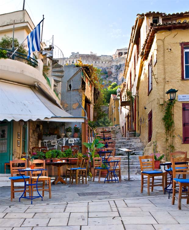 Looking up at the Acropolis from the Plaka