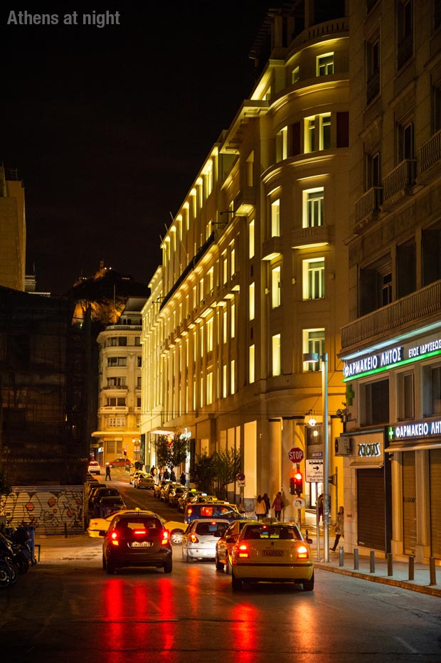 Athens at night street view