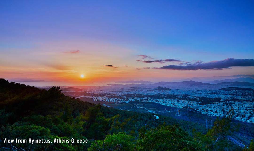 View from Ymittos Mountain overlooking Athens Greece toward the Saronic Bay View from Hymettus Mountain overlooking Athens Greece