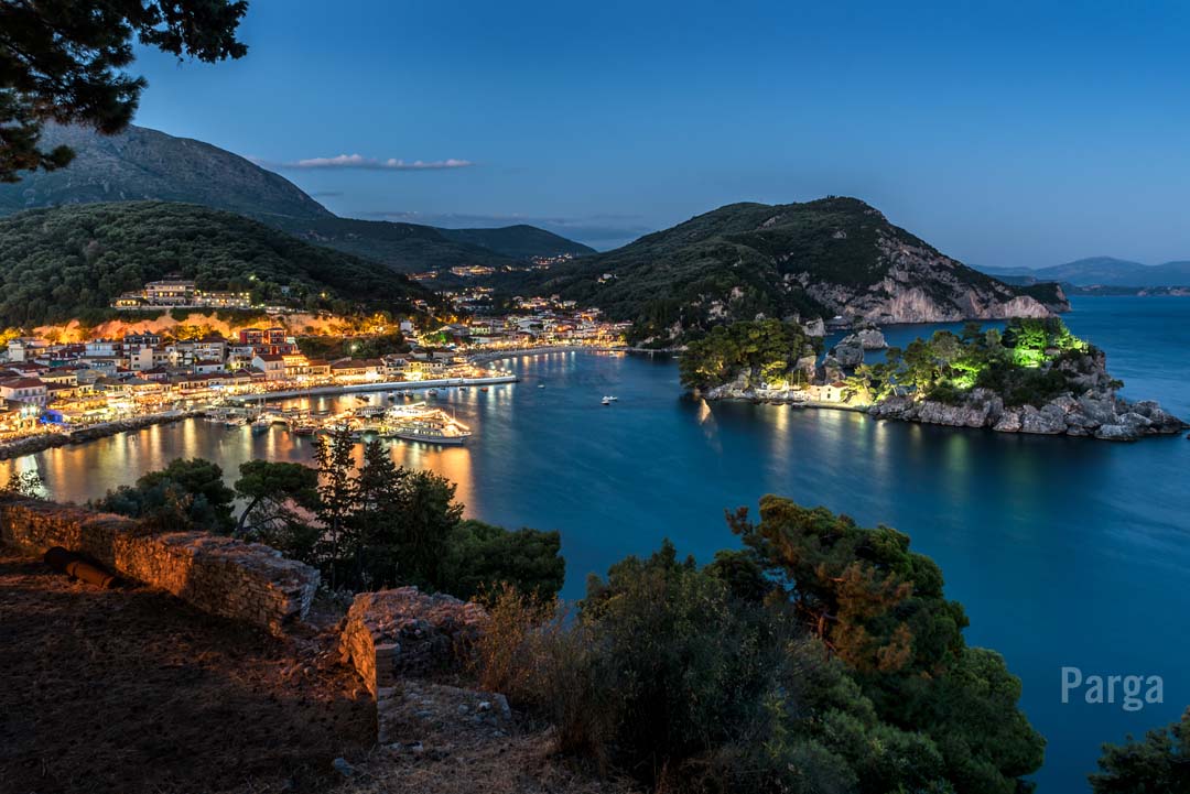 Click image to expand and enlarge - dusk along the waterfront in Parga Greece Dusk along the waterfront in Parga Greece