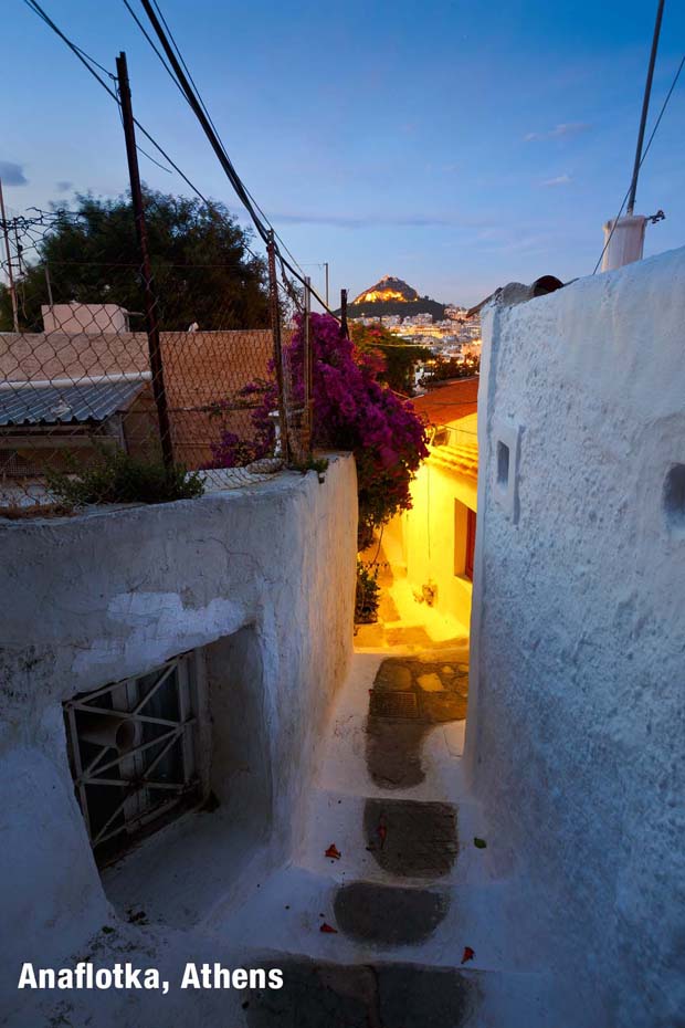 Anaflotika Athens Greece stairway with view towards Lycabettus