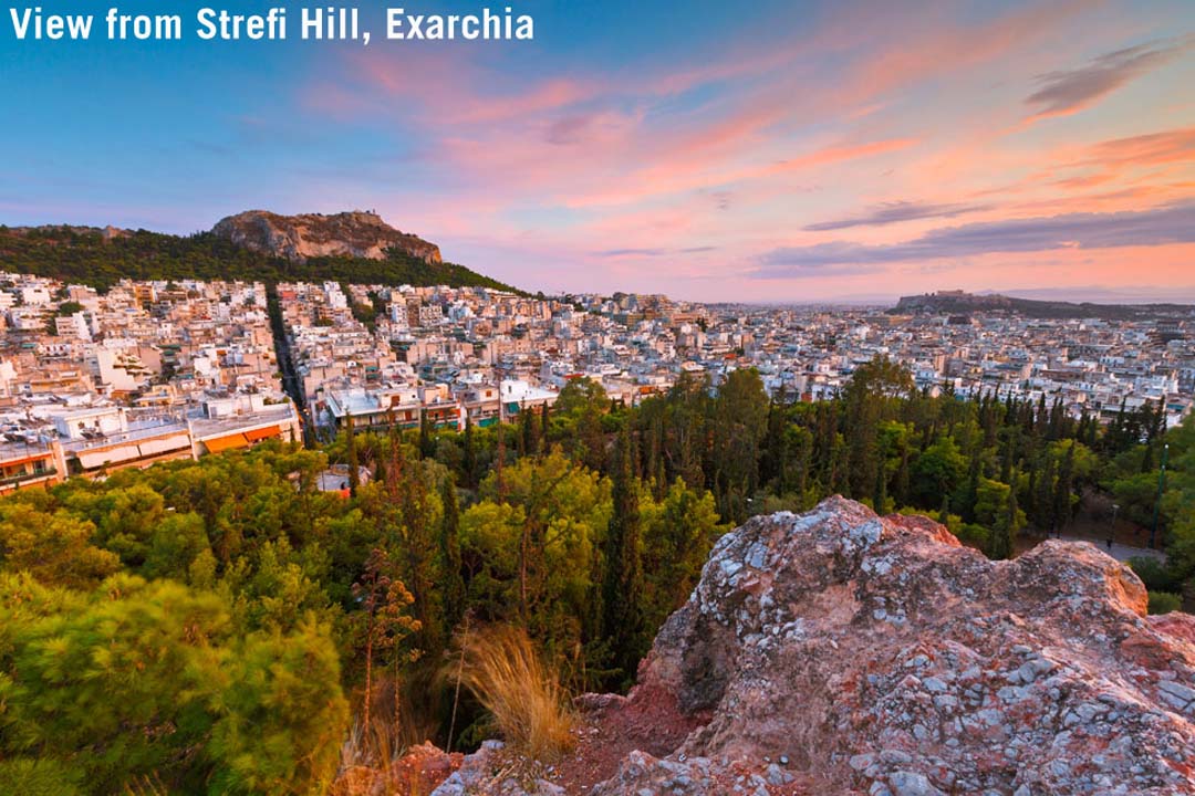 View from Stefi Hill in Exarchia, Athens Greece