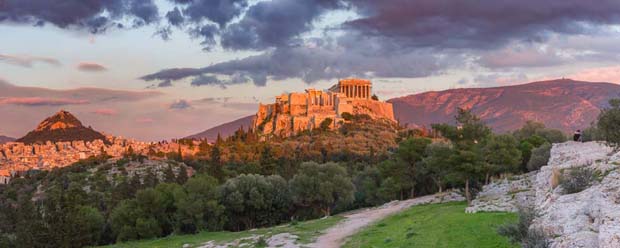 Lycabettus and Acropolis in Athens Greece - Hymettus in background