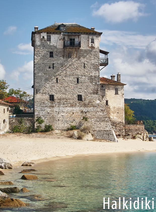 Halkidiki stone tower on the shore Halkidiki stone tower on the shore