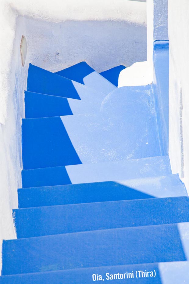 Whitewashed stairs of blue and white on Oia Santorini aka Thira Greece