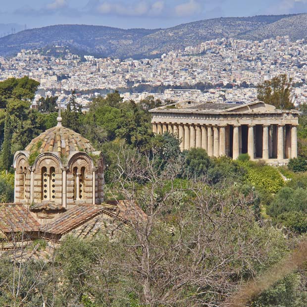 The Theseion Temple and Holy Apostles Church in Athens Greece