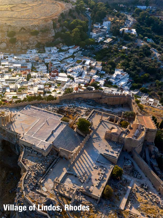 Acropolis of Rhodes Island at Village of Lindos - Aerial View from Drone