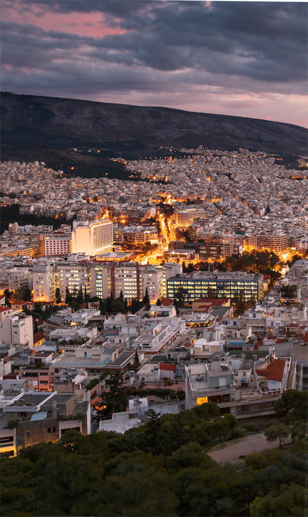 Click on image to enlarge and expand Night time view toward Ymittos and the Hilton Hotel in Athens